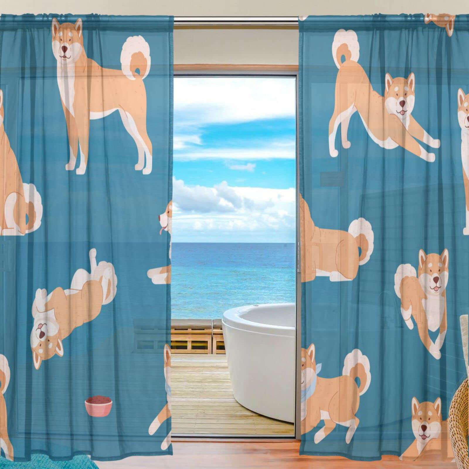 青色カーテン様 Amazon｜Chovvy レースカーテン ミラーカーテン 柴犬 いぬ 犬柄